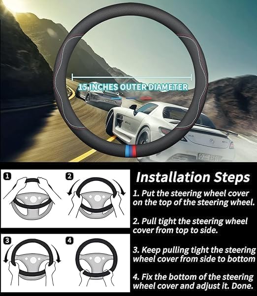 15 Inch Car Leather Steering Wheel Cover, Automotive Accessories Elastic Breathable Anti-Slip Soft Wheel Protector Fits Men and Women, Suitable for SUVs, Trucks, Vehicles and RVs