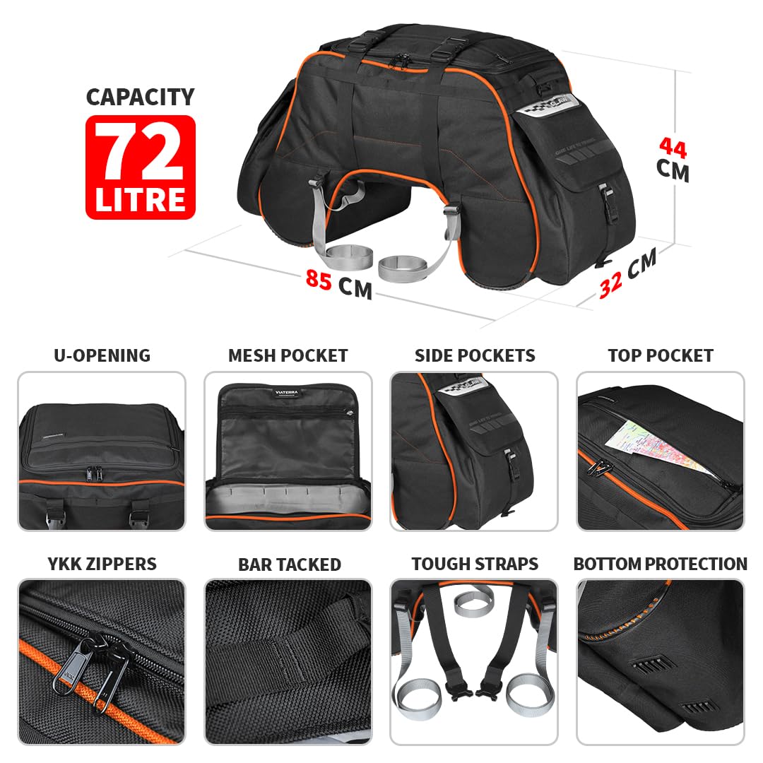 ViaTerra 100% Waterproof Claw Motorcycle Tailbag (72 LTR) (Orange) | Inclusive of Inner Waterproof Liner + Outer rain/dust Cover I Fits Most Bikes