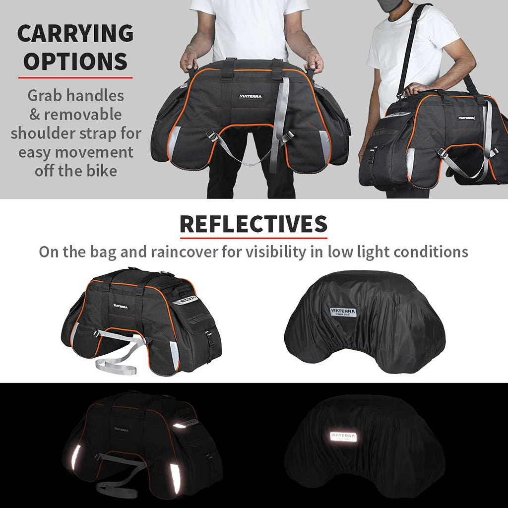 ViaTerra 100% Waterproof Claw Motorcycle Tailbag (72 LTR) (Orange) | Inclusive of Inner Waterproof Liner + Outer rain/dust Cover I Fits Most Bikes