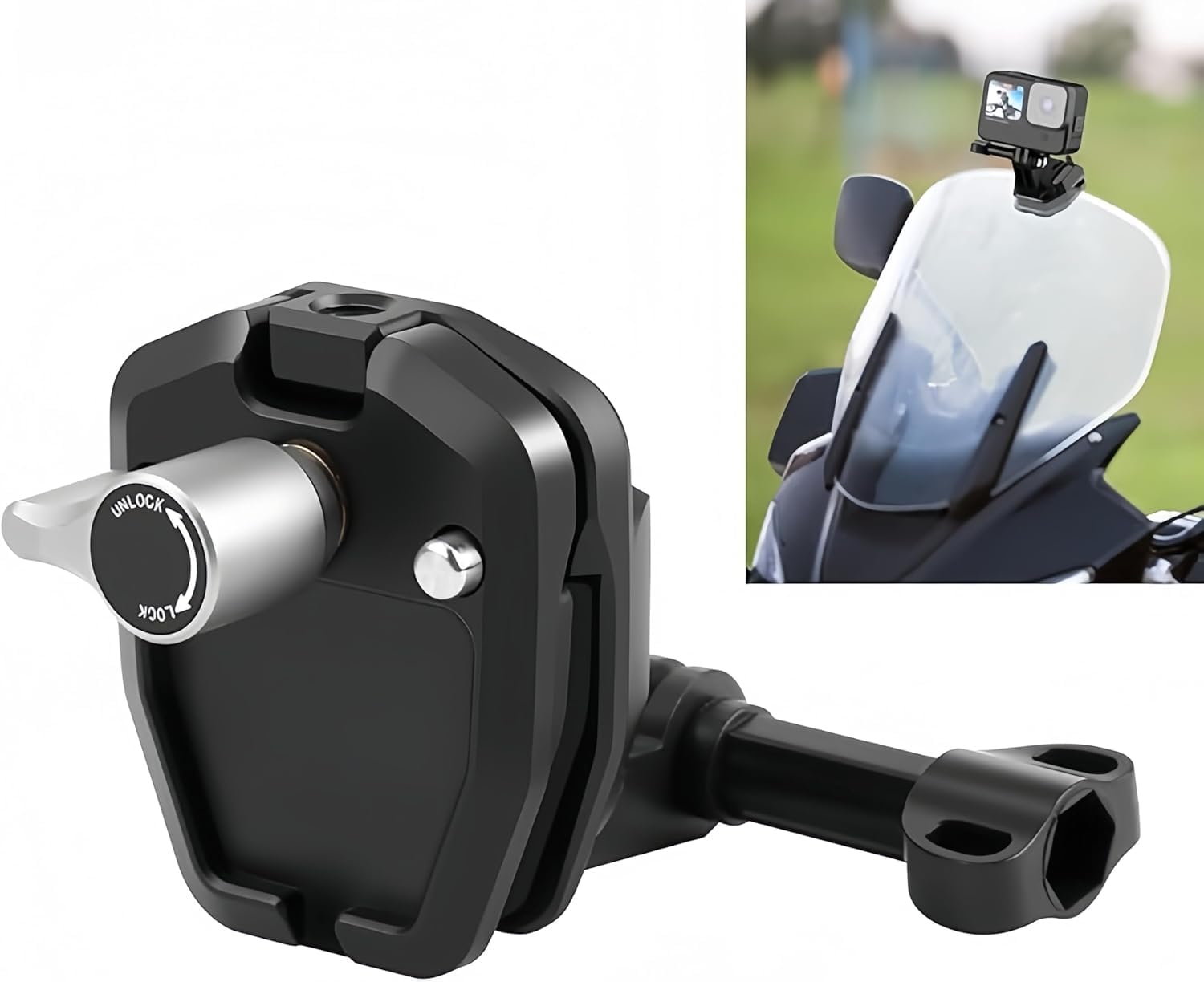 Motorcycle Bicycle Windshield Clip Mount for GoPro Hero13 12 11 10 9 8/ DJI Osmo Action 4 Pocket 3 2 1/ Insta360 X4 X3 ONE X2 Ace Pro and Other Action Cameras Motorcycle Windshield Mounting
