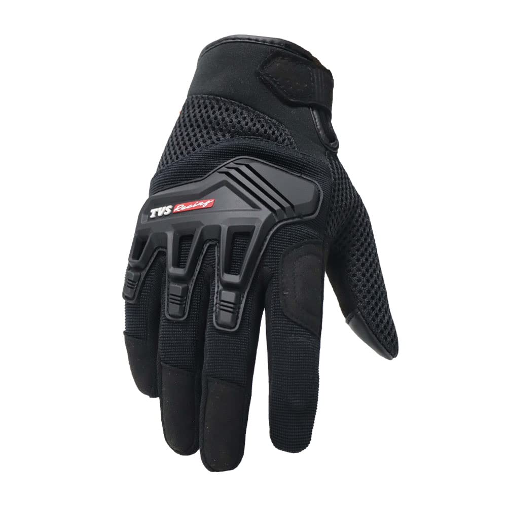 TVS Riding Gloves for Men-Mesh for Ventilation, Bike Riding Gloves With Touch Screen Compatible & Visor Wiper Fingertips, TPR Protection for Knuckles-Premium Bike Gloves for Riding Comfort (Black-M)