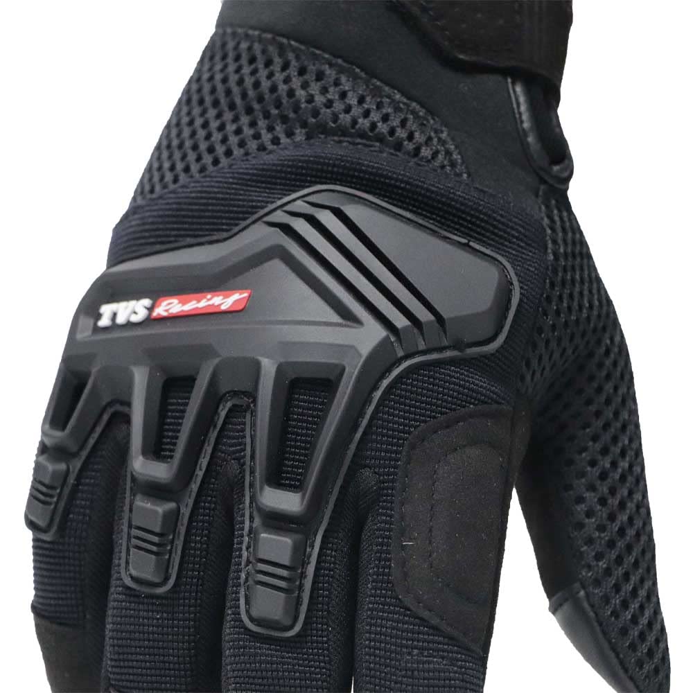 TVS Riding Gloves for Men-Mesh for Ventilation, Bike Riding Gloves With Touch Screen Compatible & Visor Wiper Fingertips, TPR Protection for Knuckles-Premium Bike Gloves for Riding Comfort (Black-M)