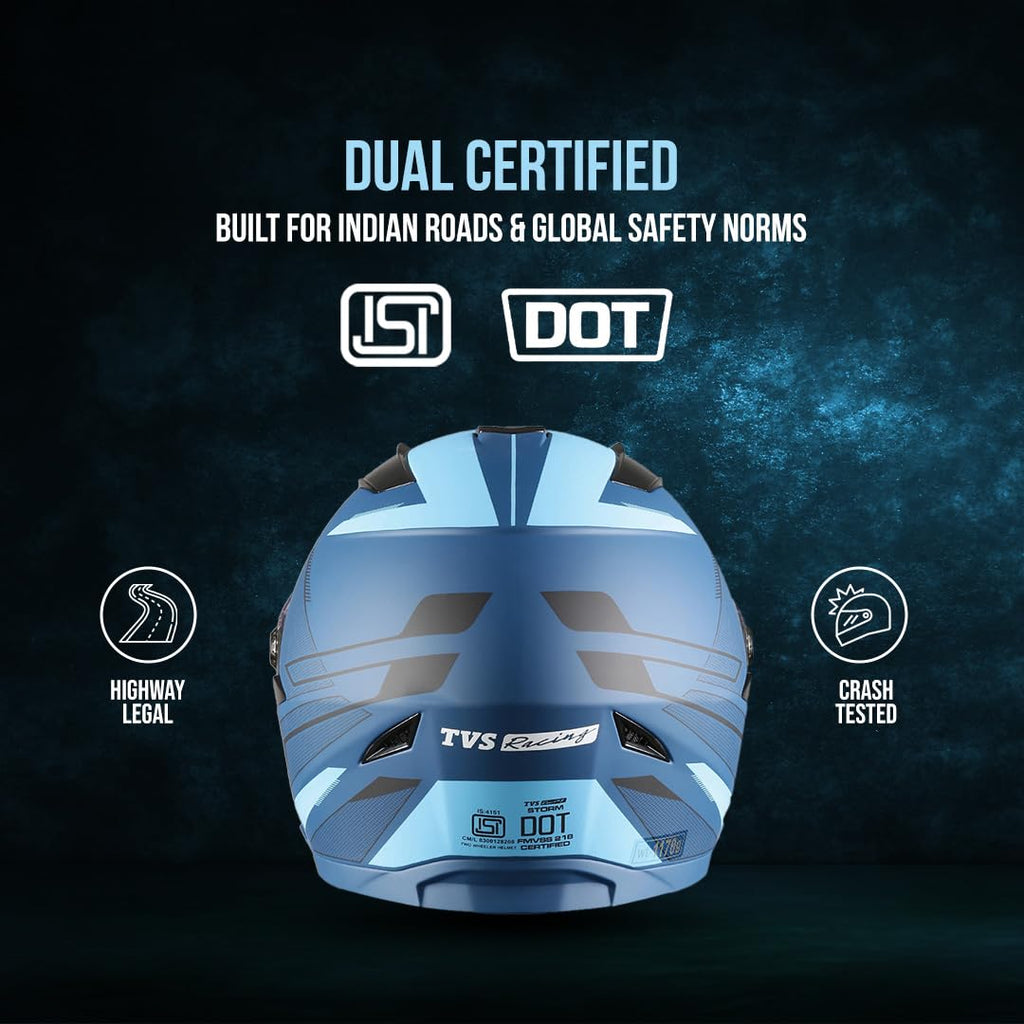 TVS Racing Anti Matter Full Face Helmet for Bike & Motorcycle Riders-DOT & ISI Certified-Lightweight ABS Shell, UV Resistant-Ventilated Comfort Liner, Quick-Release Visor & Chin Strap