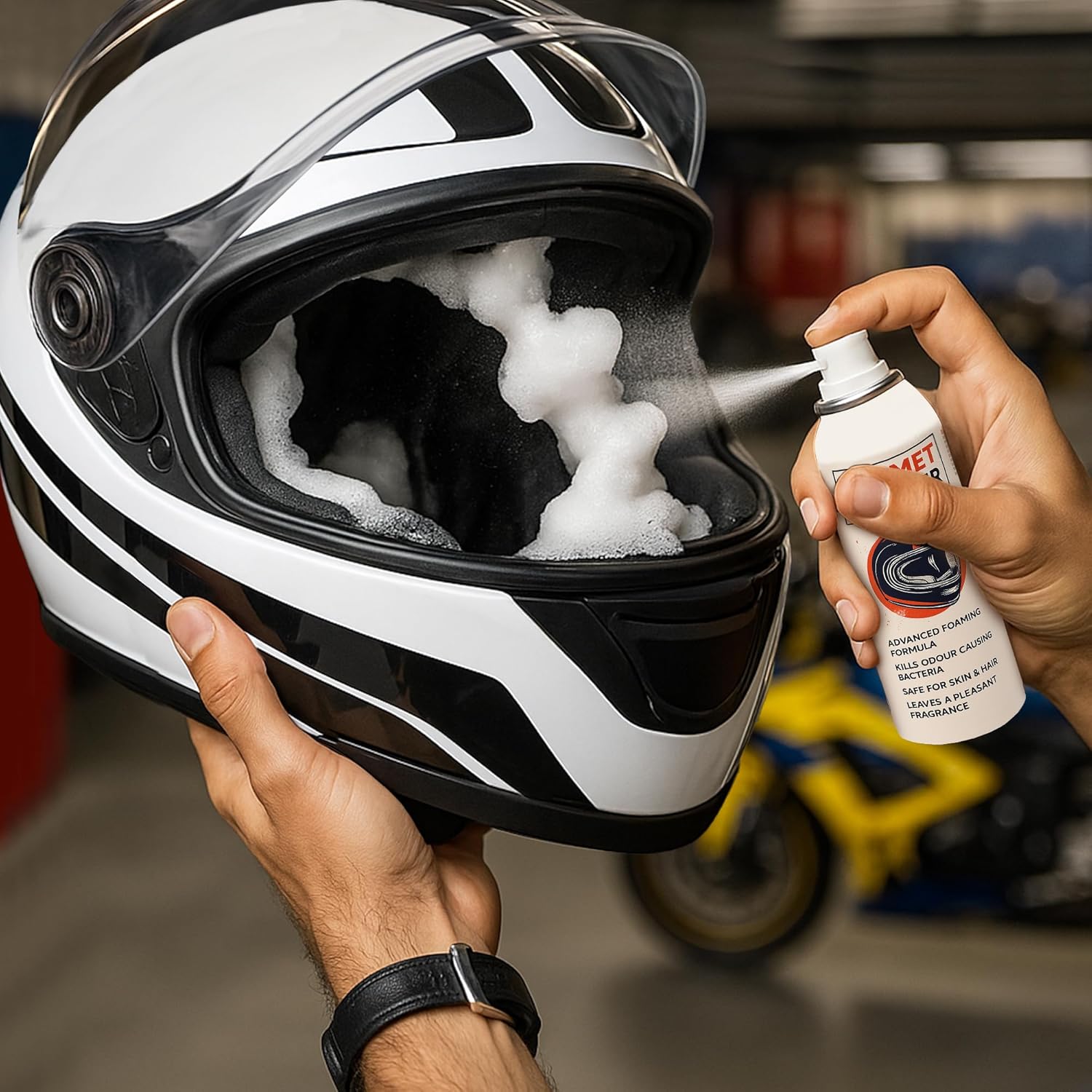 ShineXPro Helmet Cleaner Spray - 125mL - Anti-Bacterial Foaming Helmet Cleaner Spray, Safe For Skin & Hair - Deep Cleans Helmet Interior & Removes Bad Odor