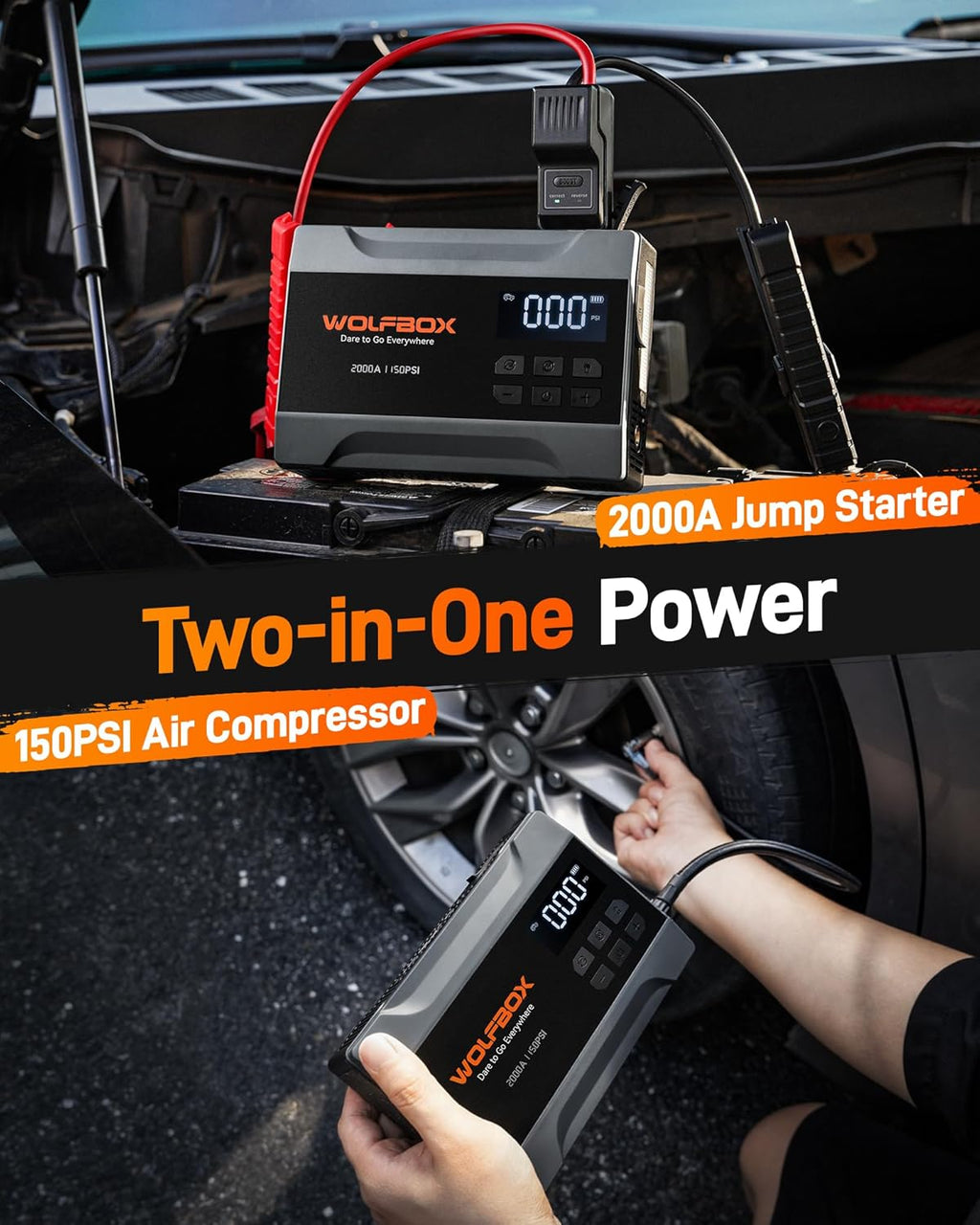WOLFBOX Portable Car Jump Starter 2000A with Air Compressor for Car, 150PSI Tyre Inflator, 37Wh Battery Booster for Up to 5L Petrol Engine, 12V Jump Starter with Cables, Boost Mode & LED Light