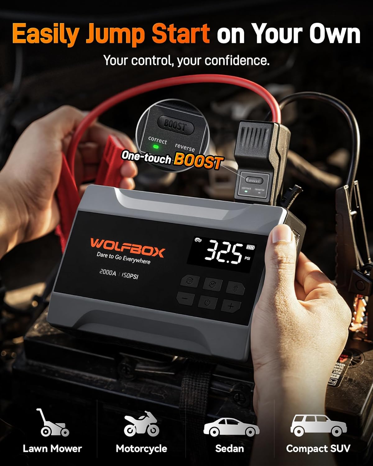 WOLFBOX Portable Car Jump Starter 2000A with Air Compressor for Car, 150PSI Tyre Inflator, 37Wh Battery Booster for Up to 5L Petrol Engine, 12V Jump Starter with Cables, Boost Mode & LED Light