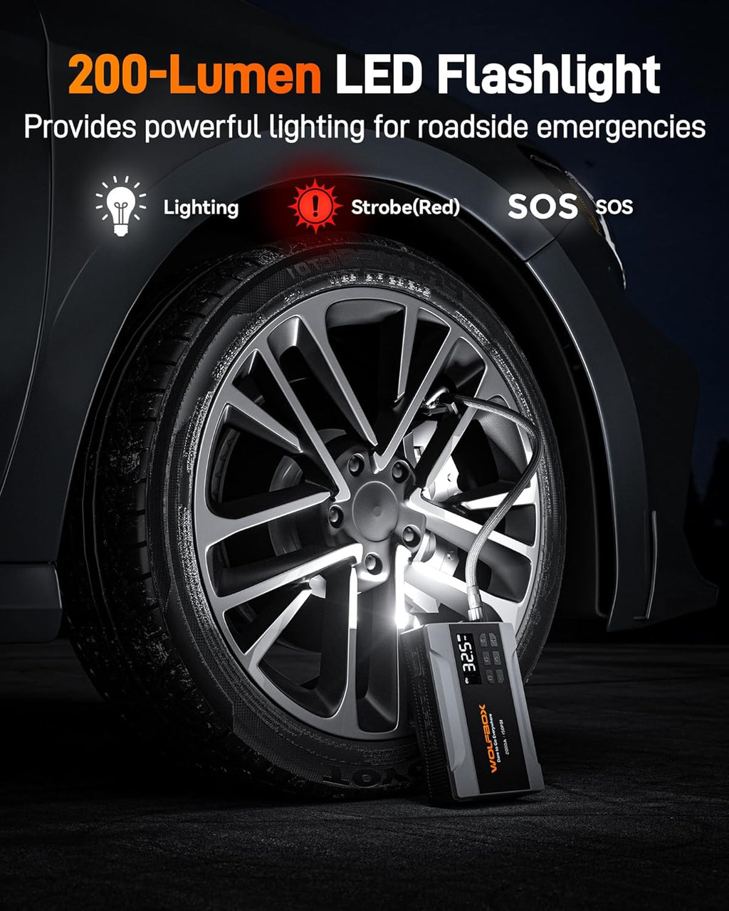 WOLFBOX Portable Car Jump Starter 2000A with Air Compressor for Car, 150PSI Tyre Inflator, 37Wh Battery Booster for Up to 5L Petrol Engine, 12V Jump Starter with Cables, Boost Mode & LED Light