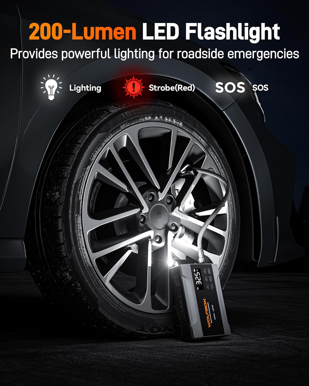 WOLFBOX Portable Car Jump Starter 2000A with Air Compressor for Car, 150PSI Tyre Inflator, 37Wh Battery Booster for Up to 5L Petrol Engine, 12V Jump Starter with Cables, Boost Mode & LED Light