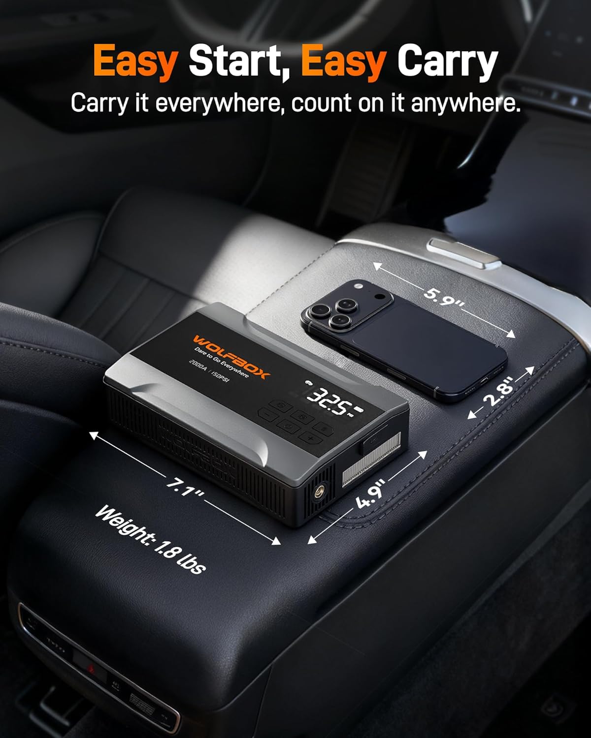 WOLFBOX Portable Car Jump Starter 2000A with Air Compressor for Car, 150PSI Tyre Inflator, 37Wh Battery Booster for Up to 5L Petrol Engine, 12V Jump Starter with Cables, Boost Mode & LED Light