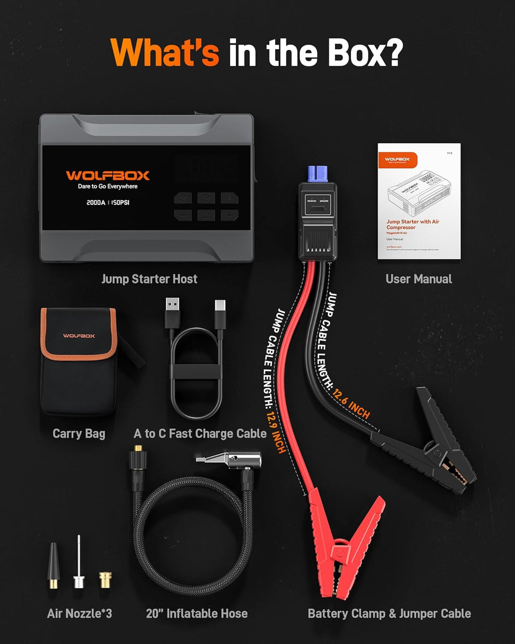 WOLFBOX Portable Car Jump Starter 2000A with Air Compressor for Car, 150PSI Tyre Inflator, 37Wh Battery Booster for Up to 5L Petrol Engine, 12V Jump Starter with Cables, Boost Mode & LED Light