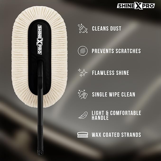 ShineXPro Car Duster - Lint-Free & Scratch-Free Car Cleaner Brush with Long Handle - Car Dust Cleaner features Paraffin Wax Coating for 2x better Cleaning Performance - Car Cleaning Brush for Exterior
